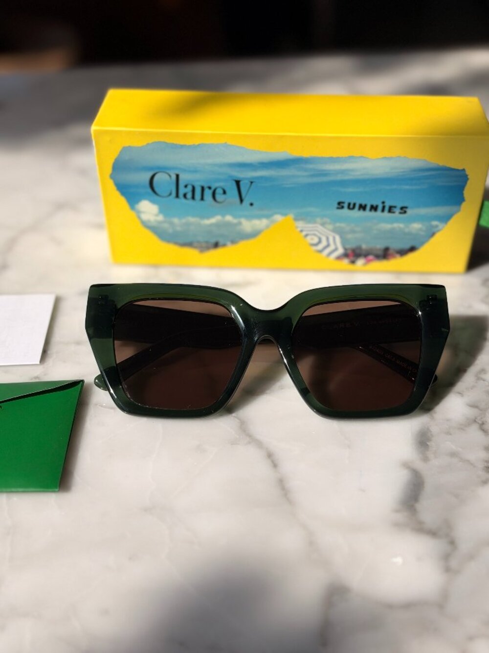 CLARE V. Green Translucent Oversized Square Sunglasses w/ Case